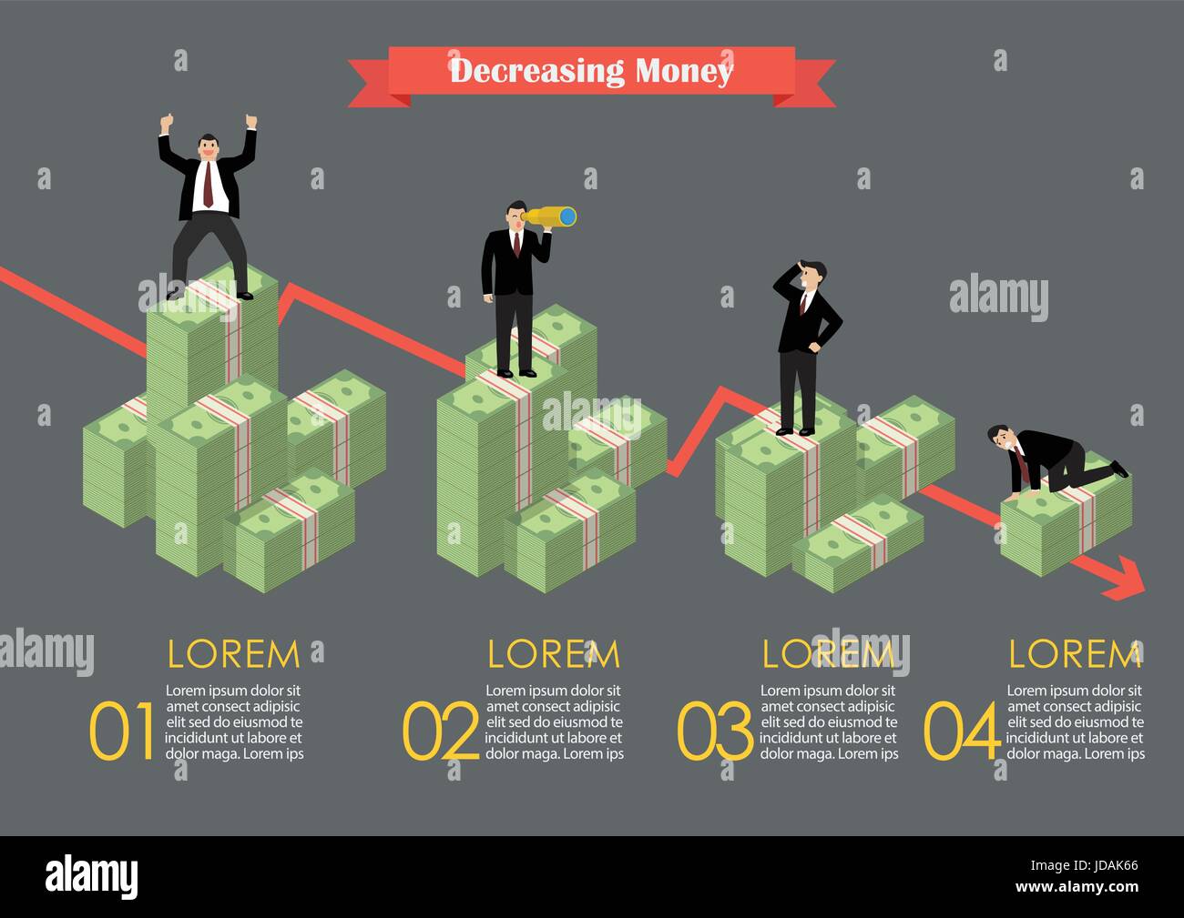Decreasing cash money with businessmen in various activity infographic. Economic concept Stock Vector