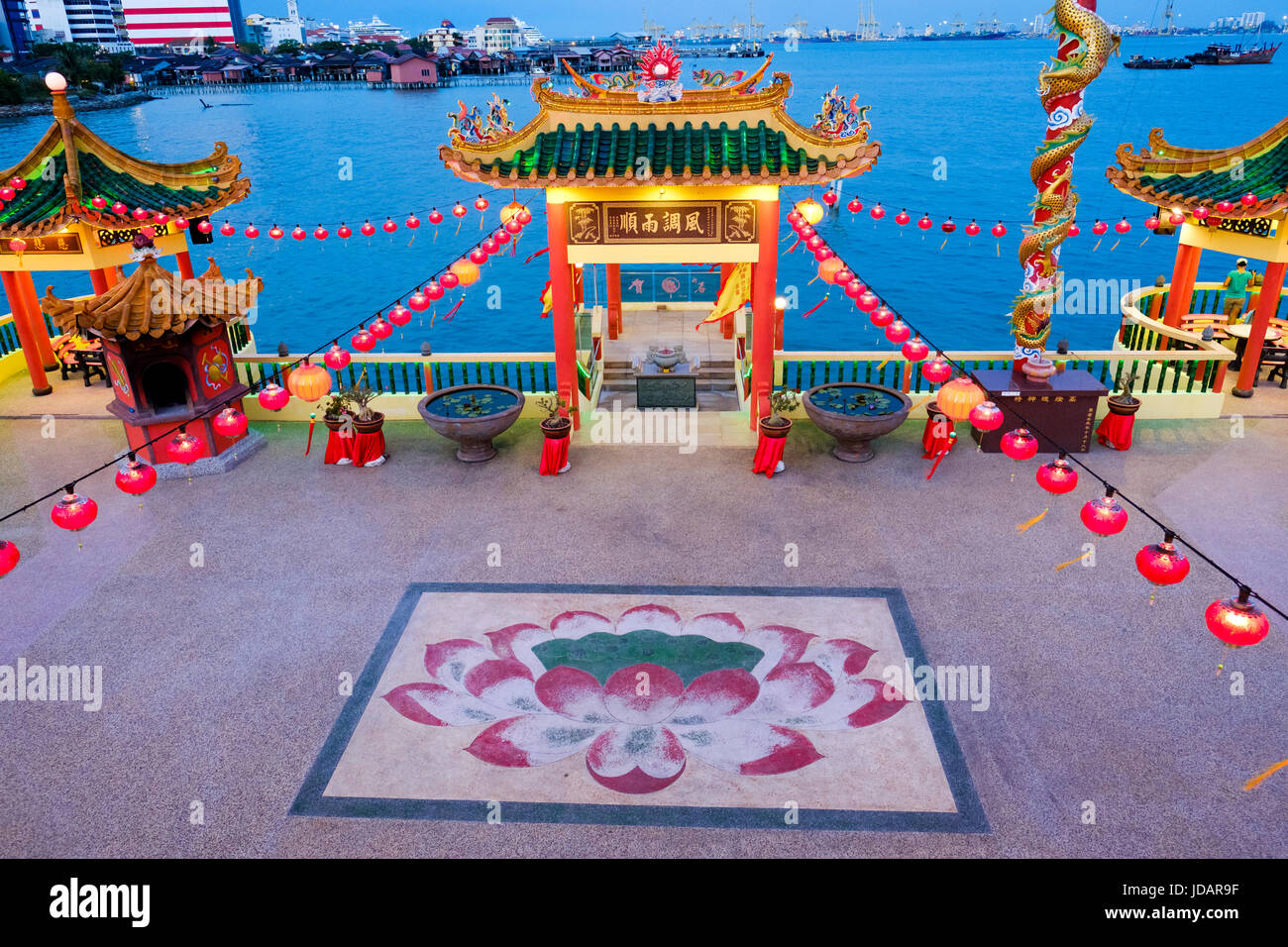 Lower level of Chinese Hean Boo Thean Temple -dedicated to Kuan Yin ('Goddess of Mercy')- at dusk, George Town, Pulau Pinang, Malaysia. Stock Photo