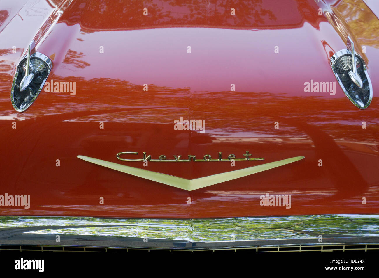 Close up view of the hood of a 1957 Chevrolet photographed in Sag Harbor, Long Island, New York Stock Photo