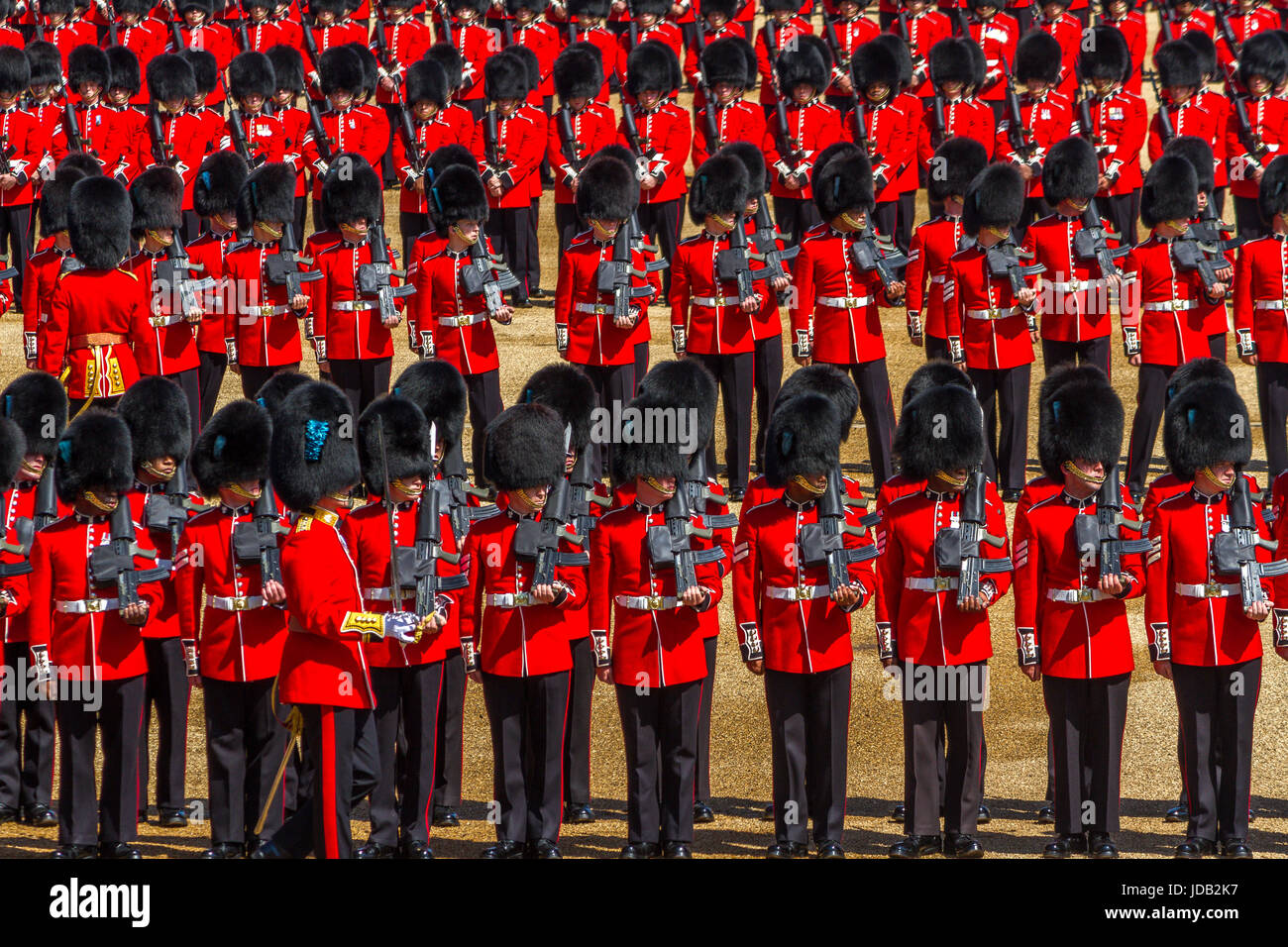 Soldiers of The Irish Guards marching at Trooping The Colour or The Queens Birthday Parade at Horse Guards Parade, London, UK, 2017 Stock Photo