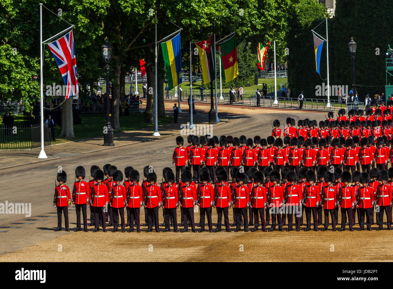 Soldiers of The Irish Guards on parade  at Trooping The Colour or The Queens Birthday Parade at Horse Guards Parade, London, UK, 2017 Stock Photo