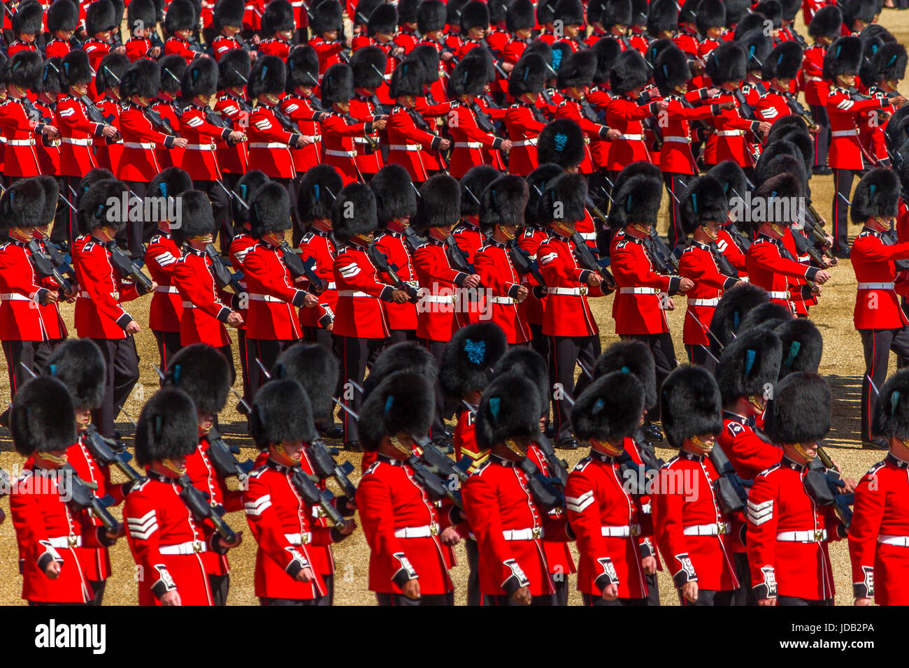 Soldiers of The Irish Guards marching at Trooping The Colour or The Queens Birthday Parade at Horse Guards Parade, London, UK, 2017 Stock Photo