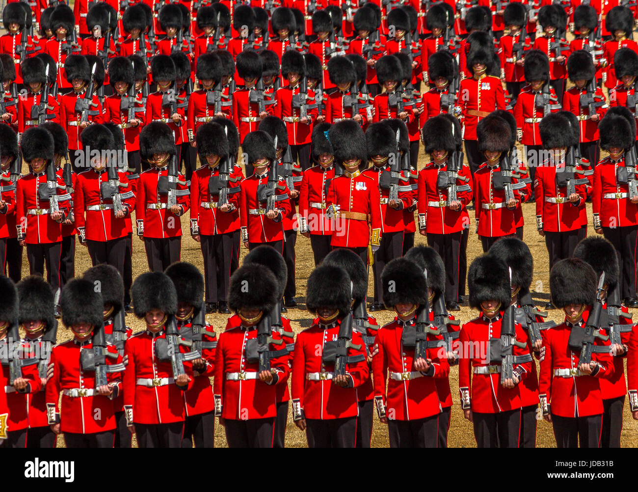 Soldiers of The Irish Guards marching at Trooping The Colour or Queens Birthday Parade at Horse Guards Parade, London, UK, 2017 Stock Photo