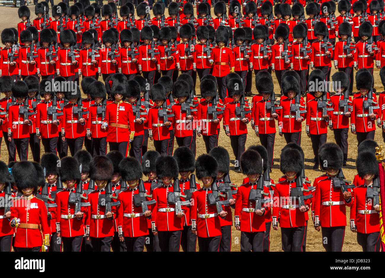 Soldiers of The Irish Guards marching at Trooping The Colour or Queens Birthday Parade at Horse Guards Parade, London, UK, 2017 Stock Photo