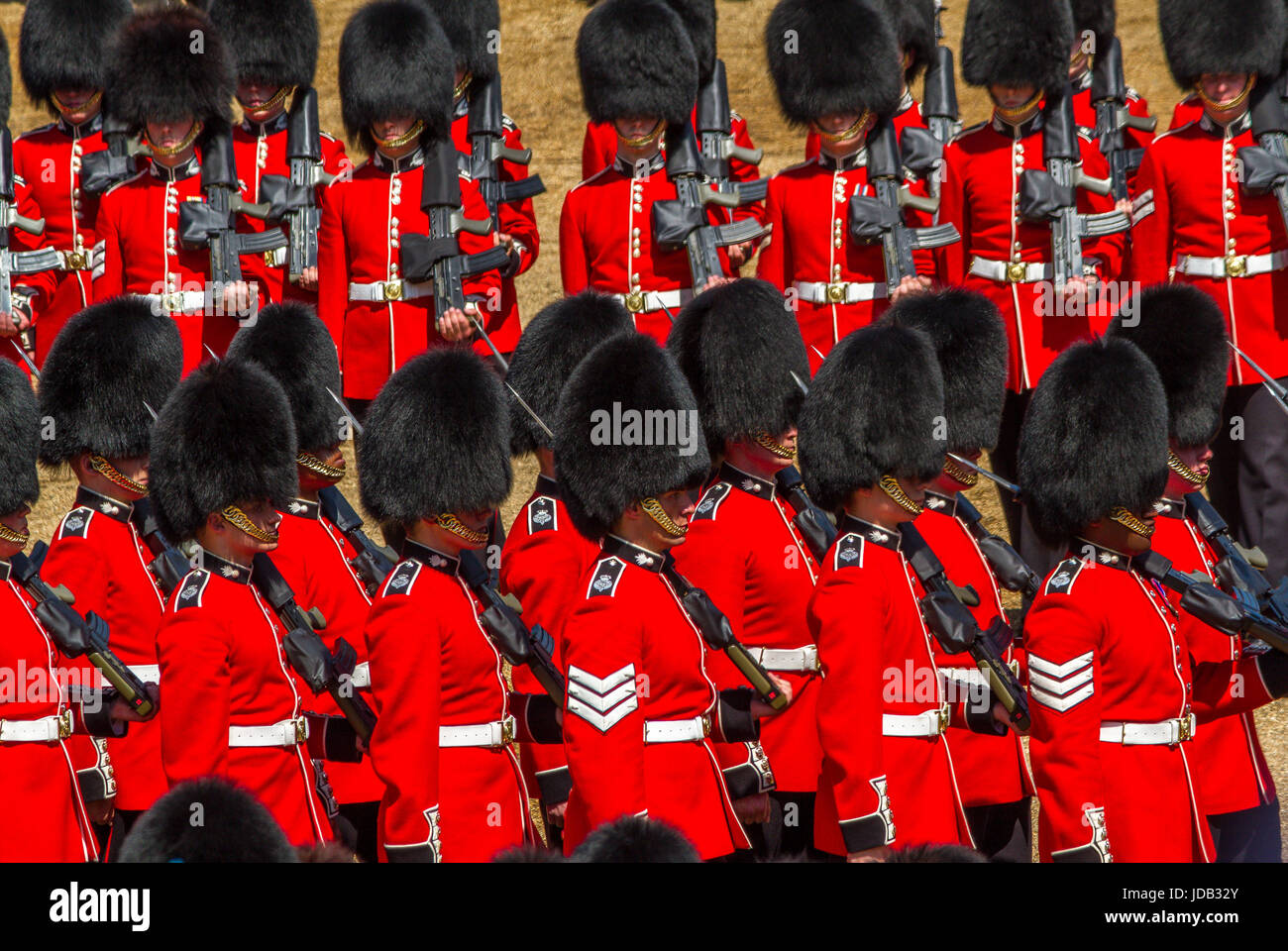 Soldiers of The Grenadier Guards marching at Trooping The Colour or Queens Birthday Parade at Horse Guards Parade, London, UK, 2017 Stock Photo