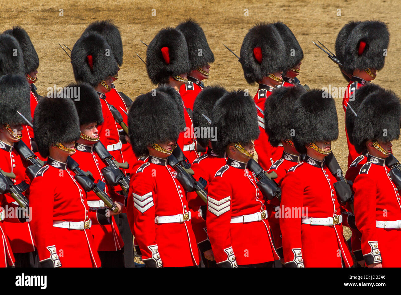 Soldiers of The Scots Guards marching at Trooping The Colour or Queens Birthday Parade at Horse Guards Parade, London, UK, 2017 Stock Photo