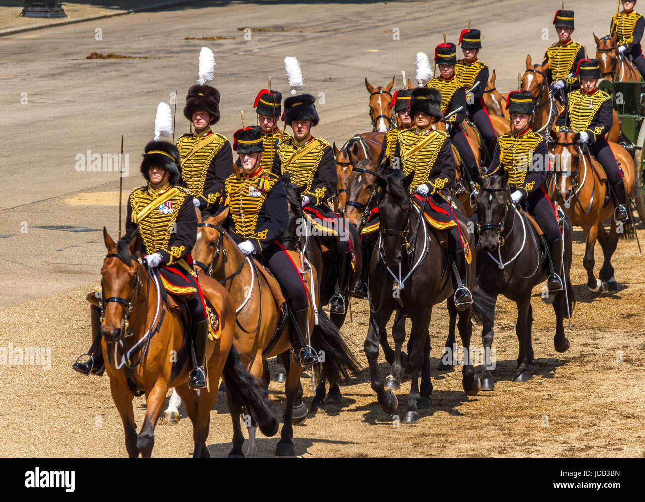 Soldiers from The Kings Troop Royal Horse Artillery on horses pulling field gun carriages at Trooping The Colour, Horse Guards Parade London ,UK Stock Photo