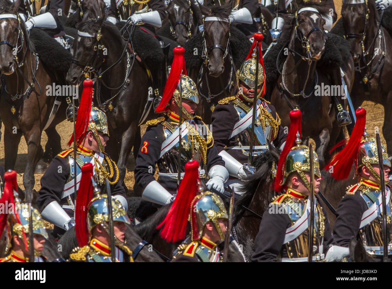 Soldiers of The Blues And Royals on horseback at Horse Guards Parade for Trooping The Colour in London, UK,  2017 Stock Photo