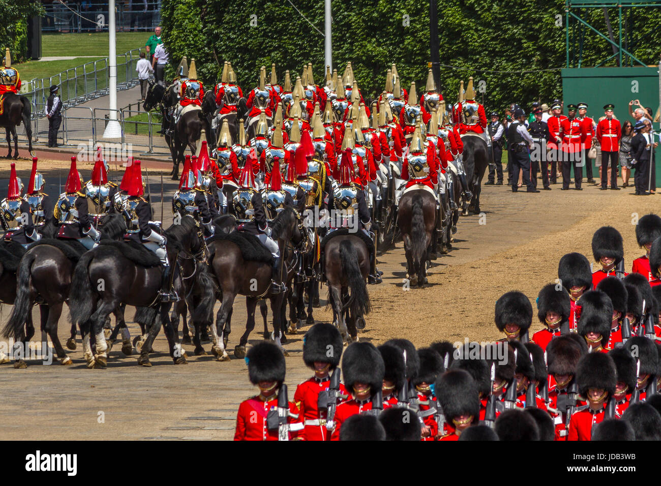 The Life Guards on horseback leaving Horse Guards Parade ground To walk back down The Mall at Trooping The Colour, London ,UK, 2017 Stock Photo