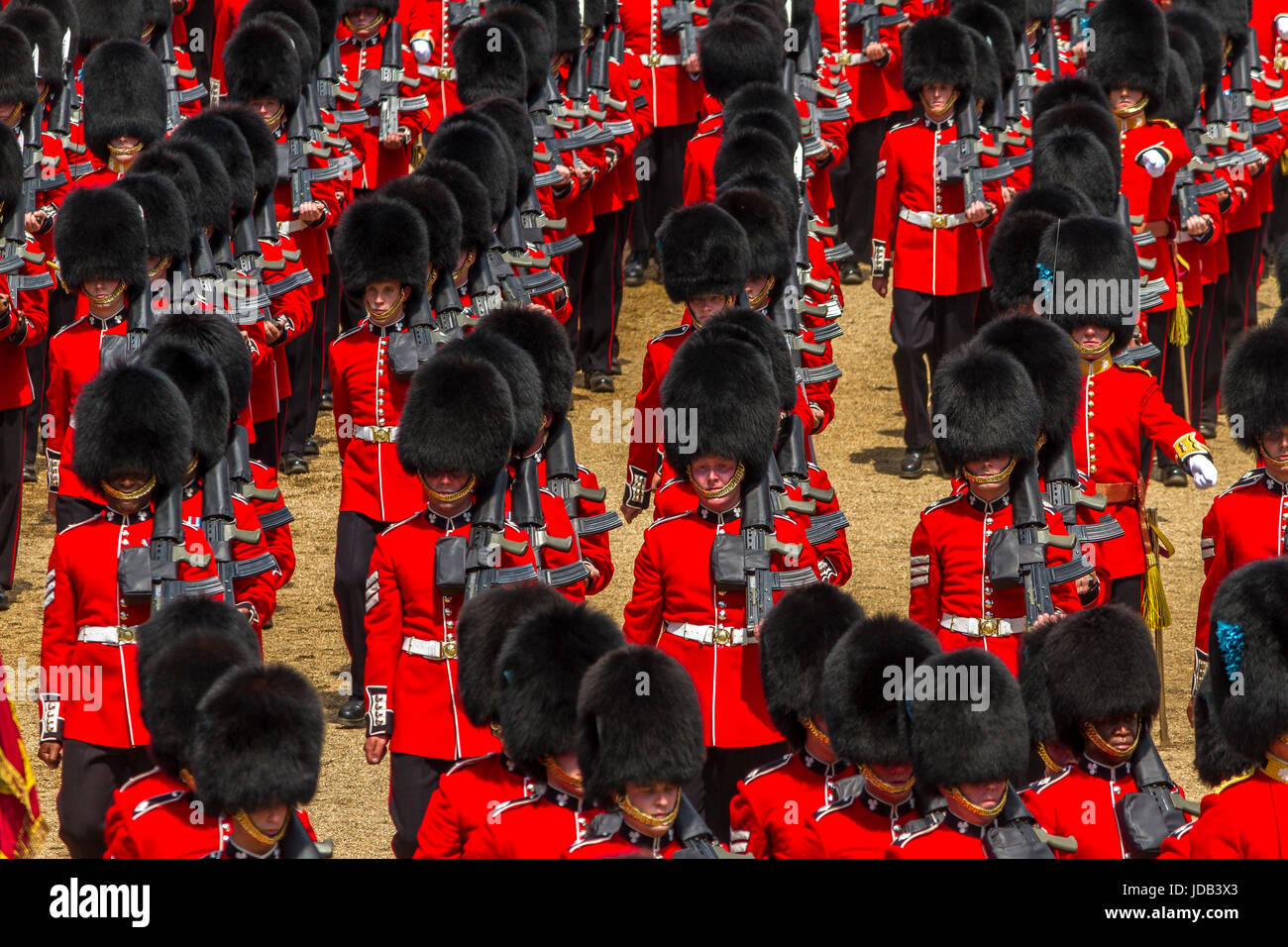 The Irish Guards marching at Trooping The Colour / Queens Birthday Parade at Horse Guards Parade, London , June 2017 Stock Photo