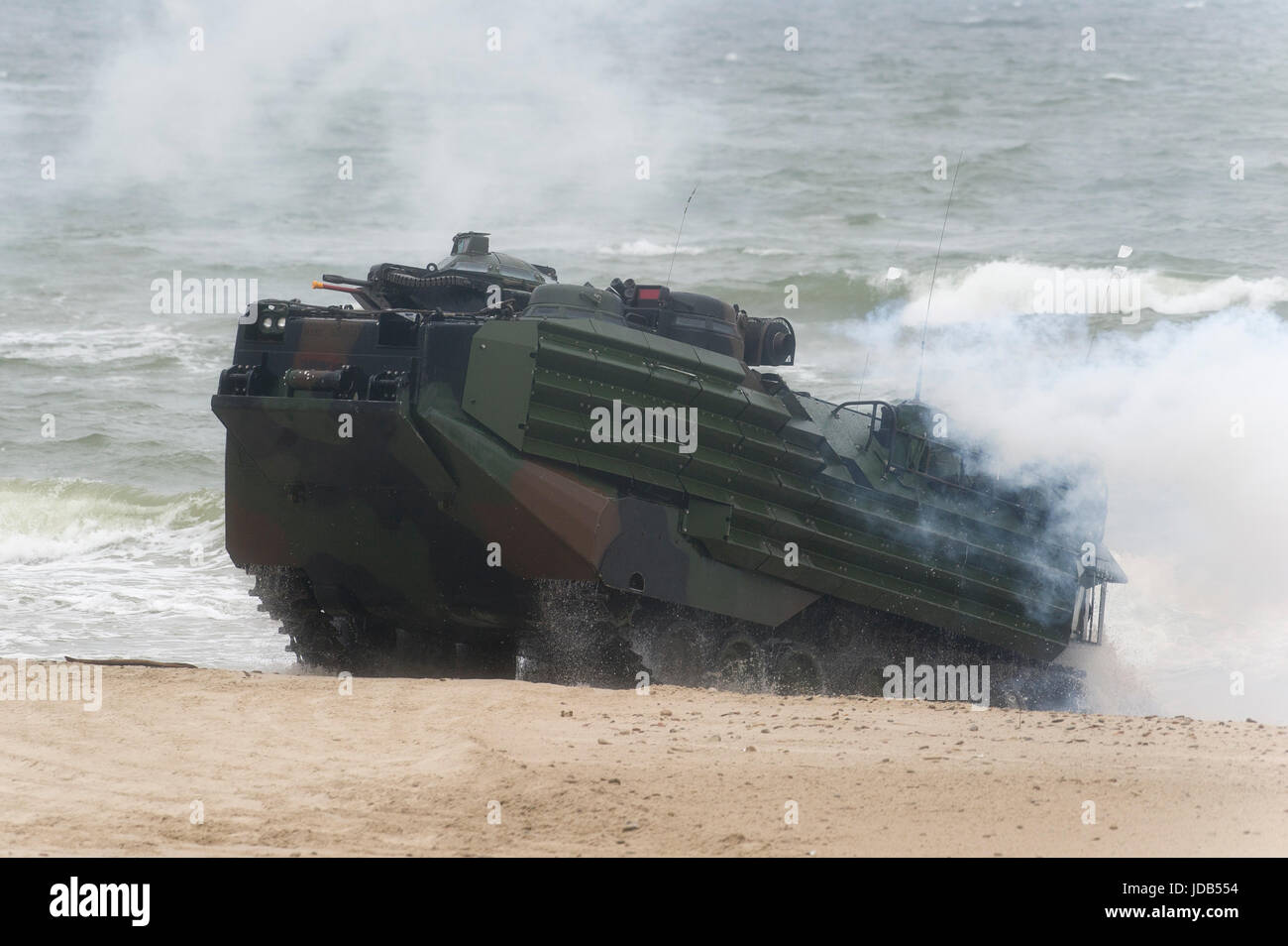 An American Assault Amphibious Vehicle AAV-7 is landing on the beach during the 45th edition of Exercise BALTIC OPERATIONS  BALTOPS 2017 in Ustka, Pol Stock Photo