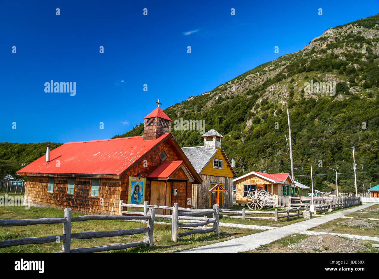 Old small wooden church in Villa O Higgins, small Chilean town at the end of Carretera Austral in Patagonia, Chile Stock Photo