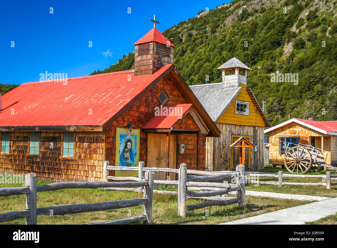 Old small wooden church in Villa O Higgins, small Chilean town at the end of Carretera Austral in Patagonia, Chile Stock Photo