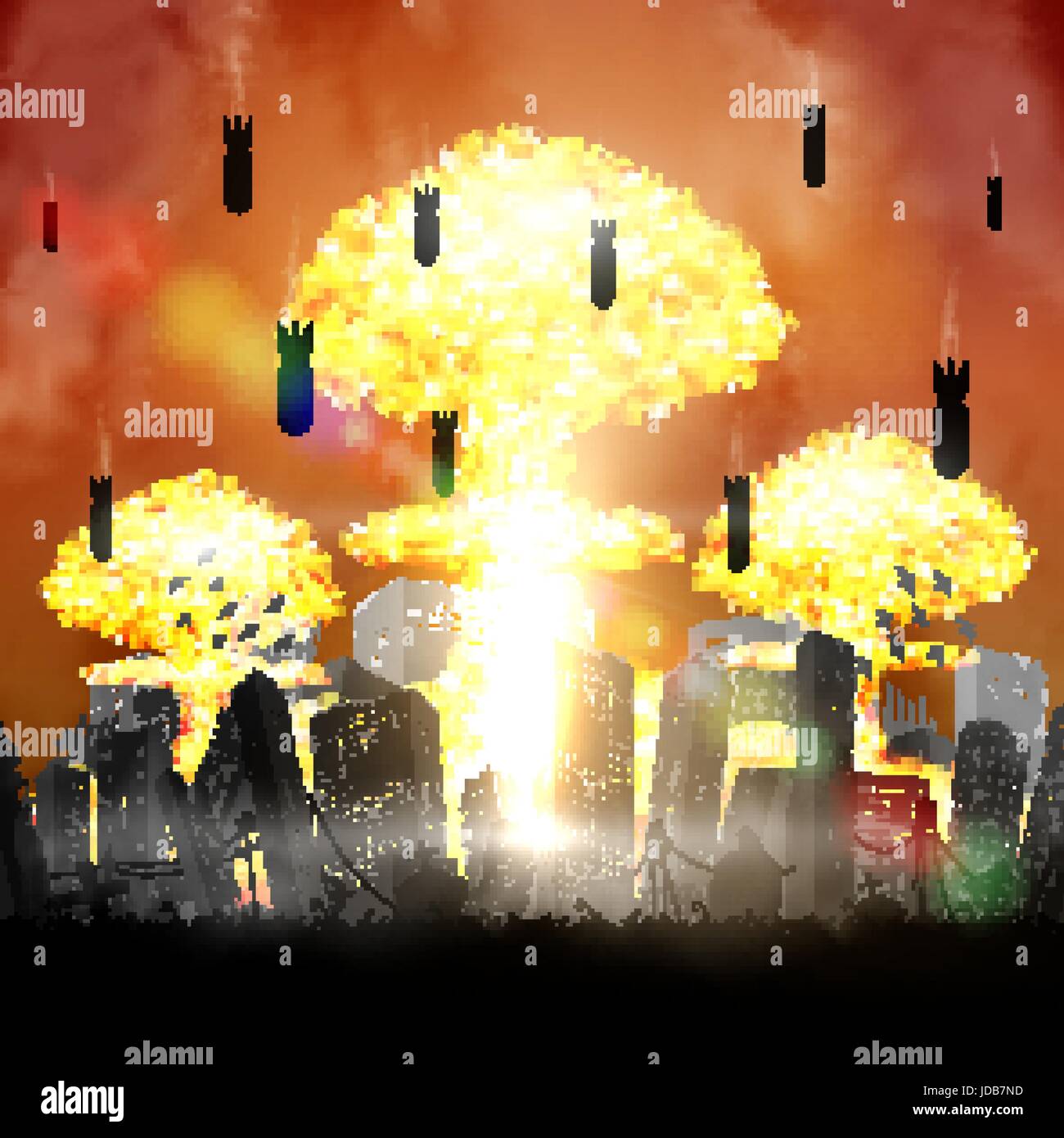 silhouette nuclear bomb over city ruined building Stock Vector