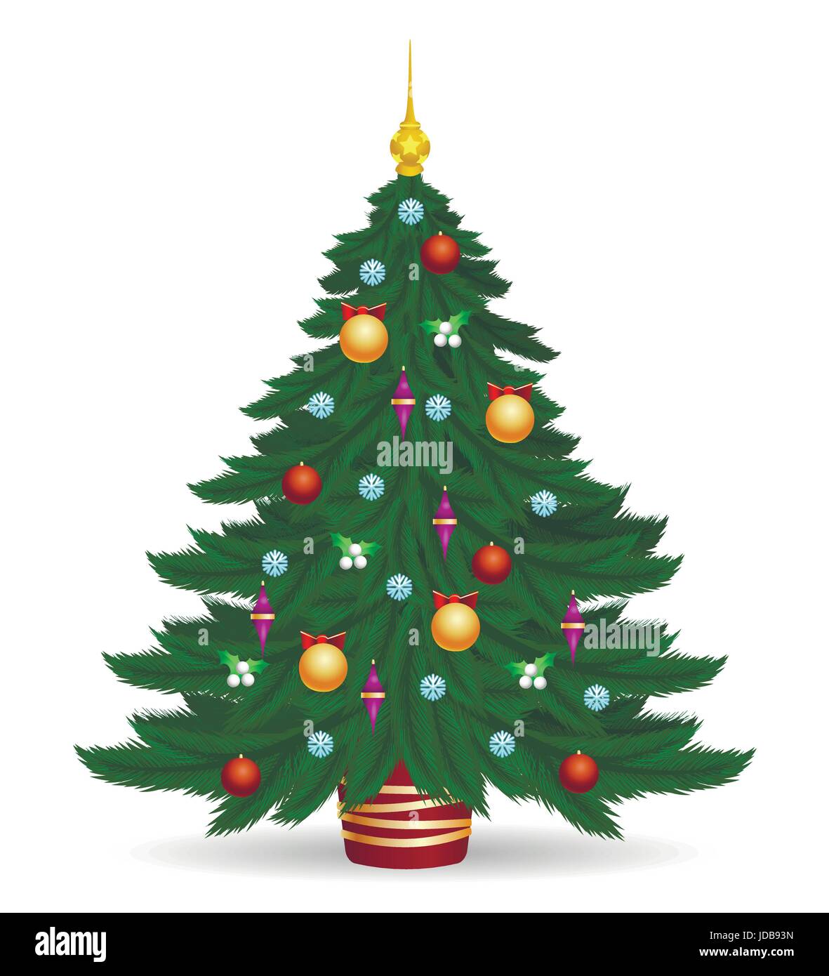 Christmas tree vector illustration. Decorated colorful traditional xmas trees symbol with bright lights and balls isolated on white background Stock Vector