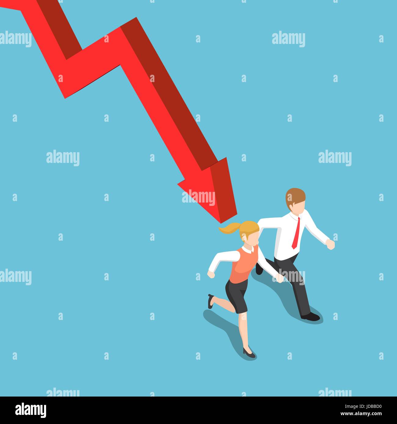 Flat 3d isometric businessman and businesswoman runaway from falling ...