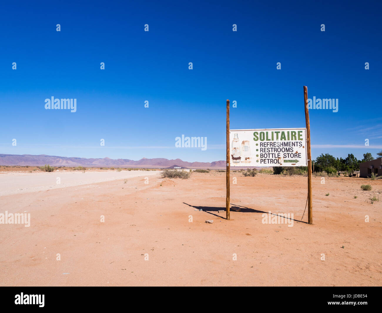 SOLITAIRE, NAMIBIA - JUNE 18, 2016: Banner welcoming people to Solitaire on the Namib Desert, Namibia. Stock Photo