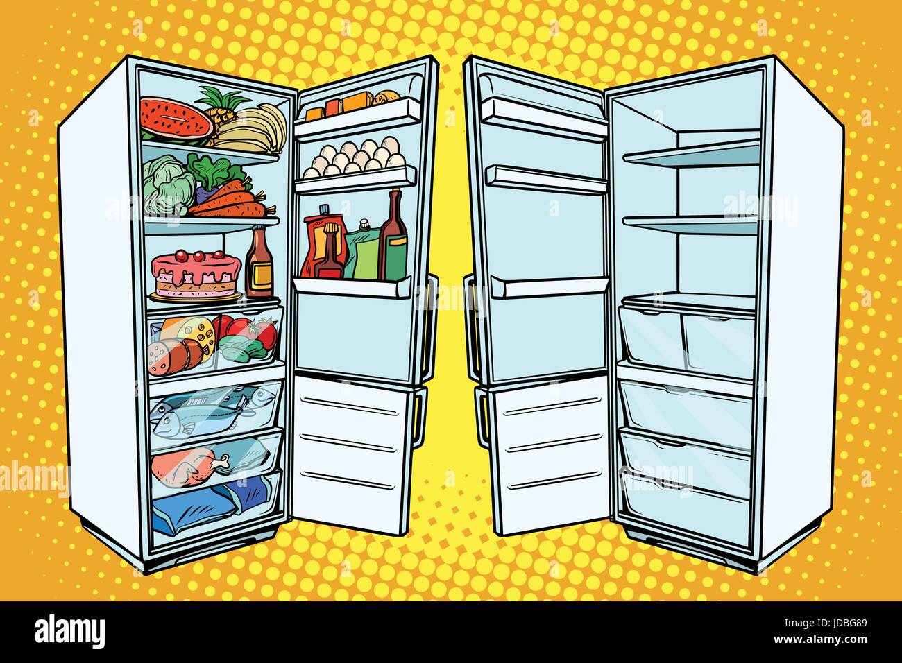 Two refrigerators. One with food and the other empty Stock Vector