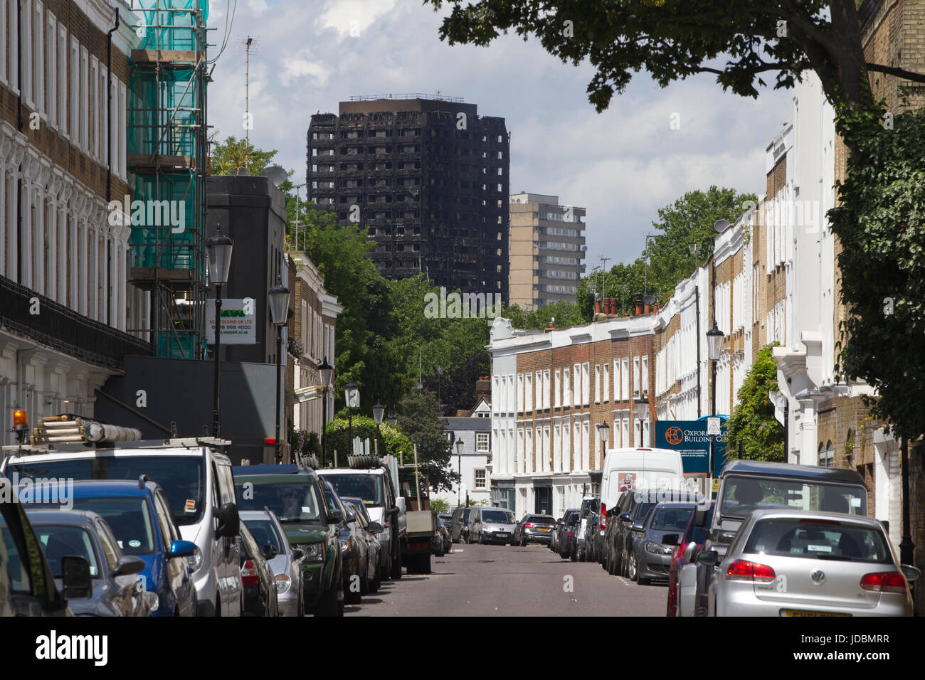 Grenfell Tower fire disaster int distance, seen from Holland Park Road, West London, UK Stock Photo