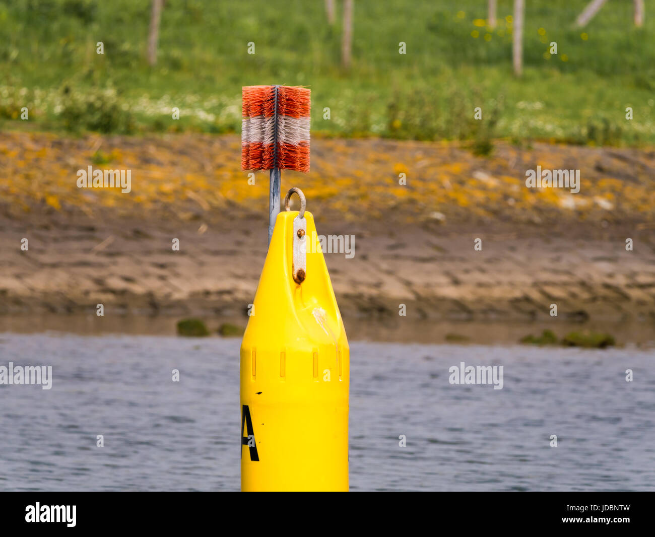Detail of yellow buoy with brush on top to keep off birds marking
