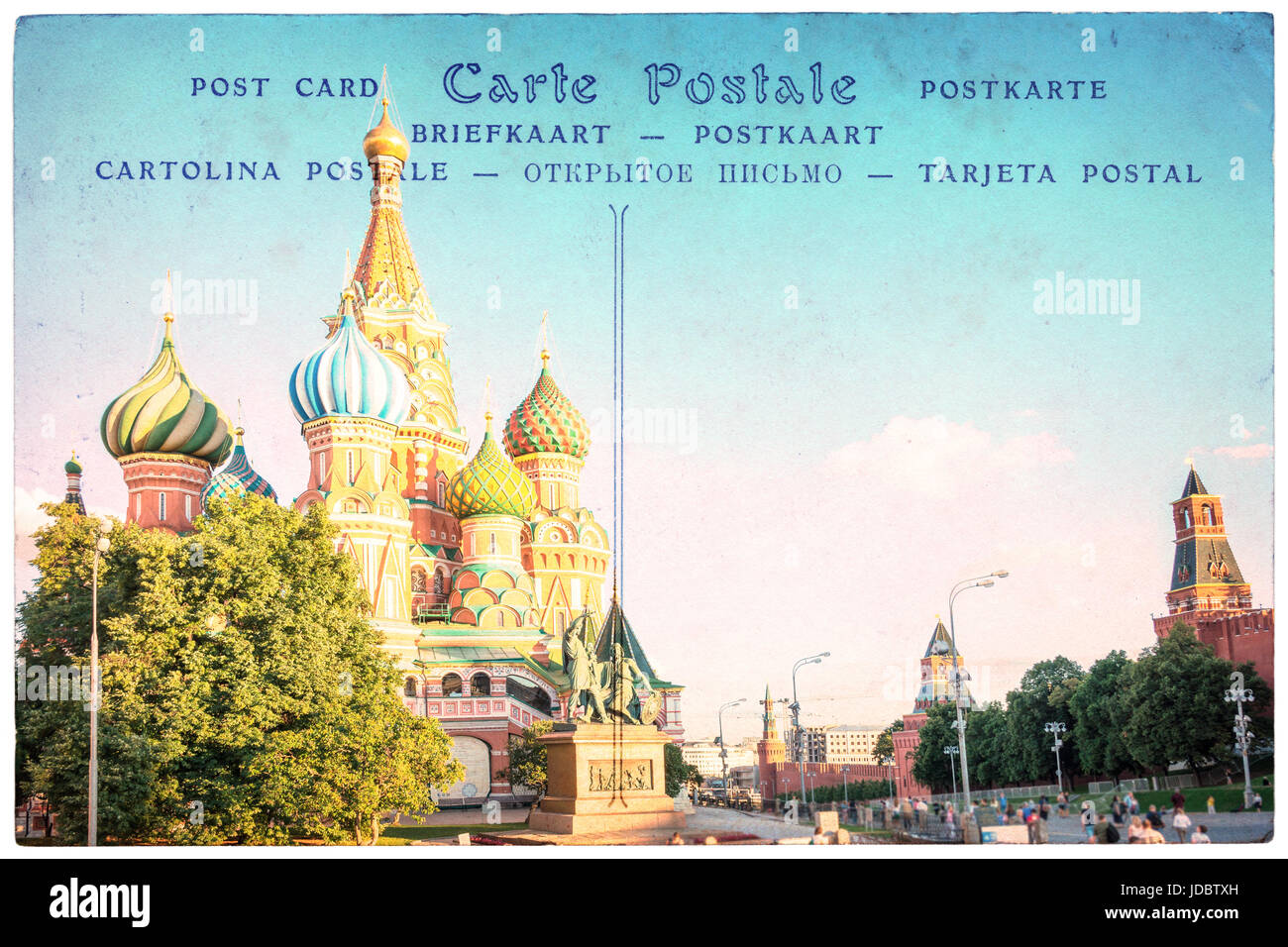 St Basil cathedral in Moscow, Russia, collage on vintage postcard background, word 'postcard' written in several languages Stock Photo