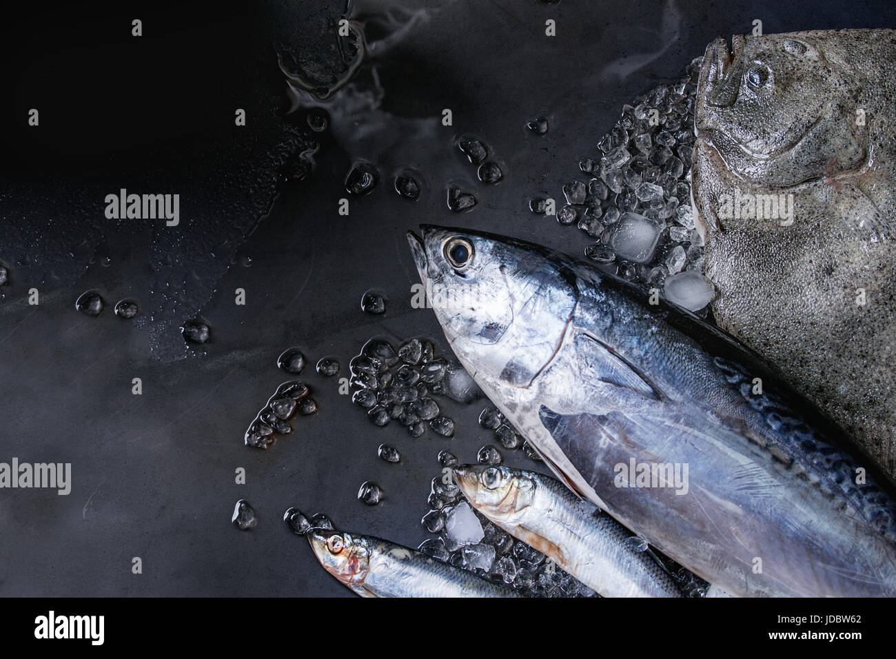 Raw fresh tuna, herring and flounder fish Stock Photo Alamy