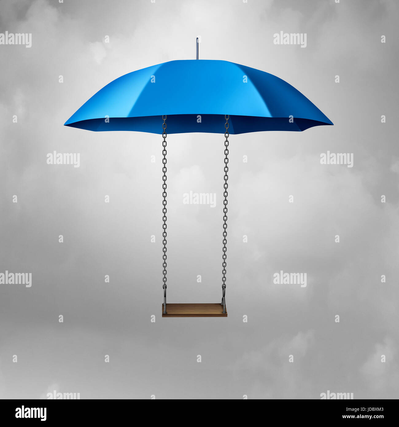 Childhood protection and child safety symbol as an umbrella with a swing protecting and providing safety and shelter to vulnerable youth. Stock Photo