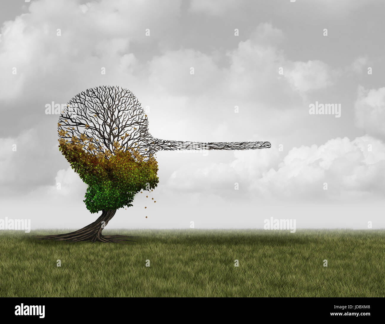 Climate change denier concept as a dying sick tree shaped as a human head with a long nose as a surreal environmental metaphor. Stock Photo