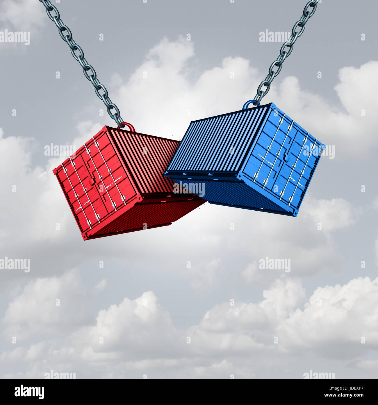 Trade war concept and economic conflict metaphor as two cargo freight shipping containers crashing into each other as a financial commerce. Stock Photo