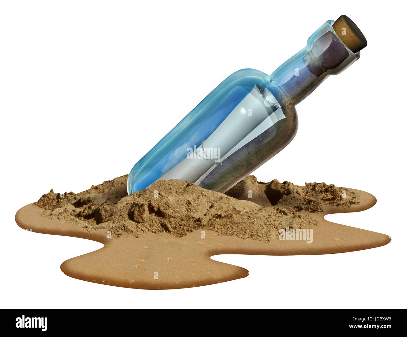 Message in a bottle isolated on a white background concept as a note on a sealed glass container as a communication metaphor for sending a letter. Stock Photo