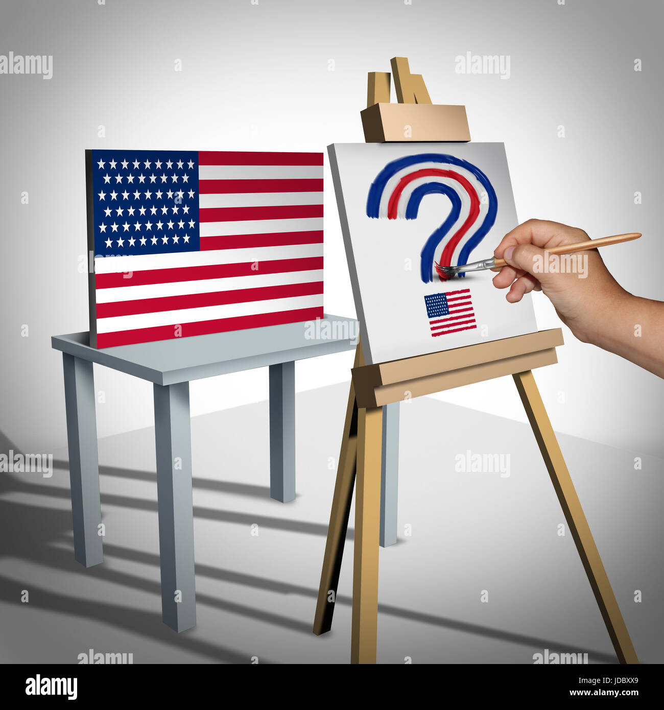 United States questions or national arts funding and white house political issues or Washington legislation uncertainty as an artist looking. Stock Photo