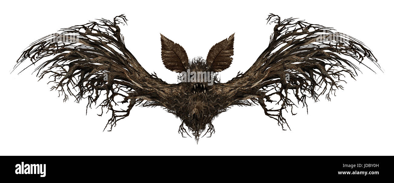 Ghost bat isolated on a white background as a creepy scary surreal flying winged creature made from a tree as a spooky surrealistic vampire horror. Stock Photo