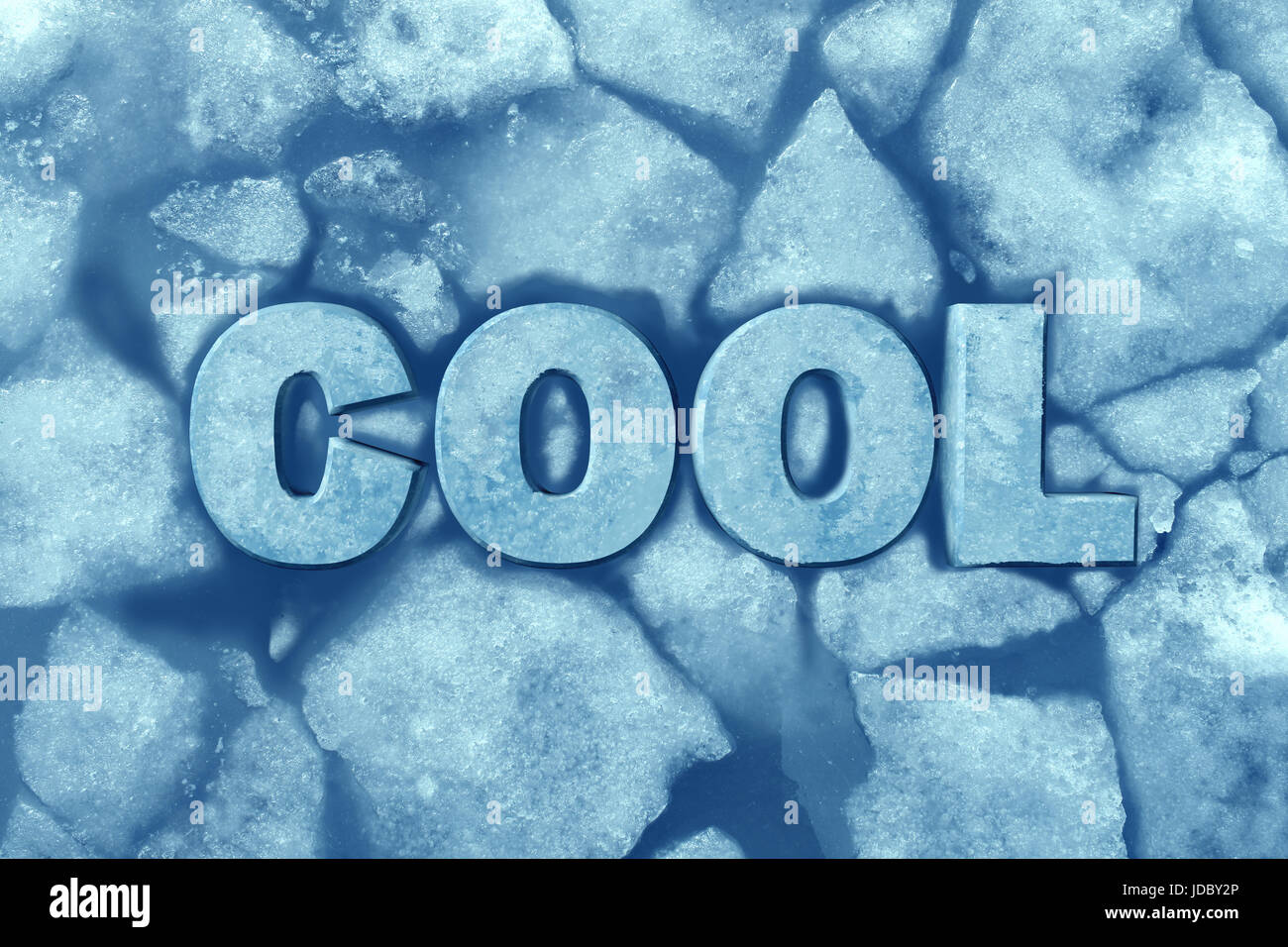 Cool ice symbol as text in frosty glacial frozen water as a refrigeration and air conditioning comfort symbol with 3D illustration elements. Stock Photo