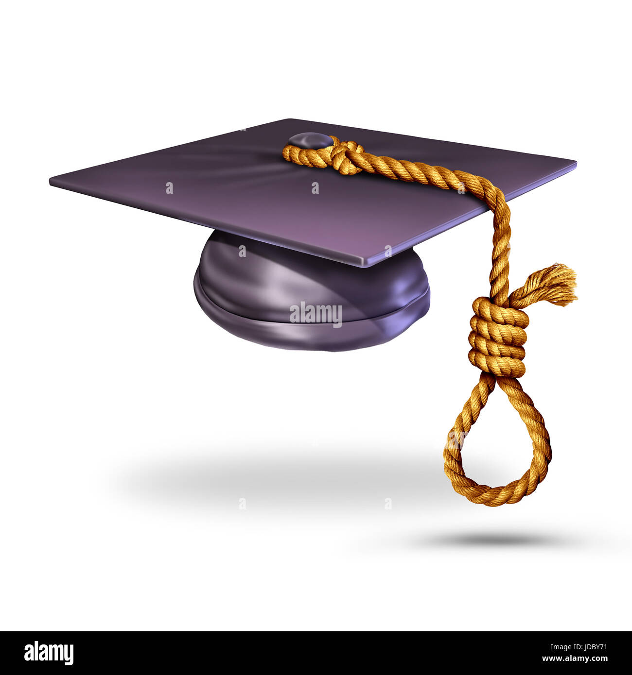 Education suicide concept and learning to prevent suicides symbol as a graduation cap or mortar board with a tassle shaped as a noose knot. Stock Photo