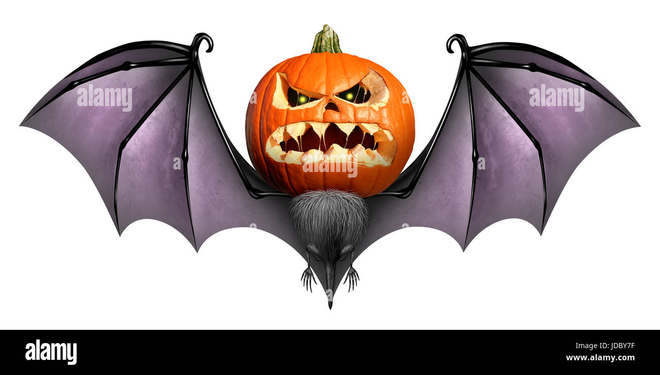 Halloween Bat Jack O Lantern character as a carved pumpkin with a scary and creepy expression with wings as a seasonal symbol. Stock Photo