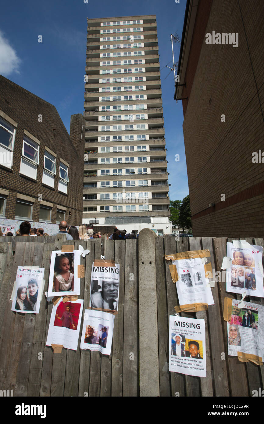 Photographs of the missing victims placed within the local community after the Grenfell Tower fire disaster, West London, UK Stock Photo