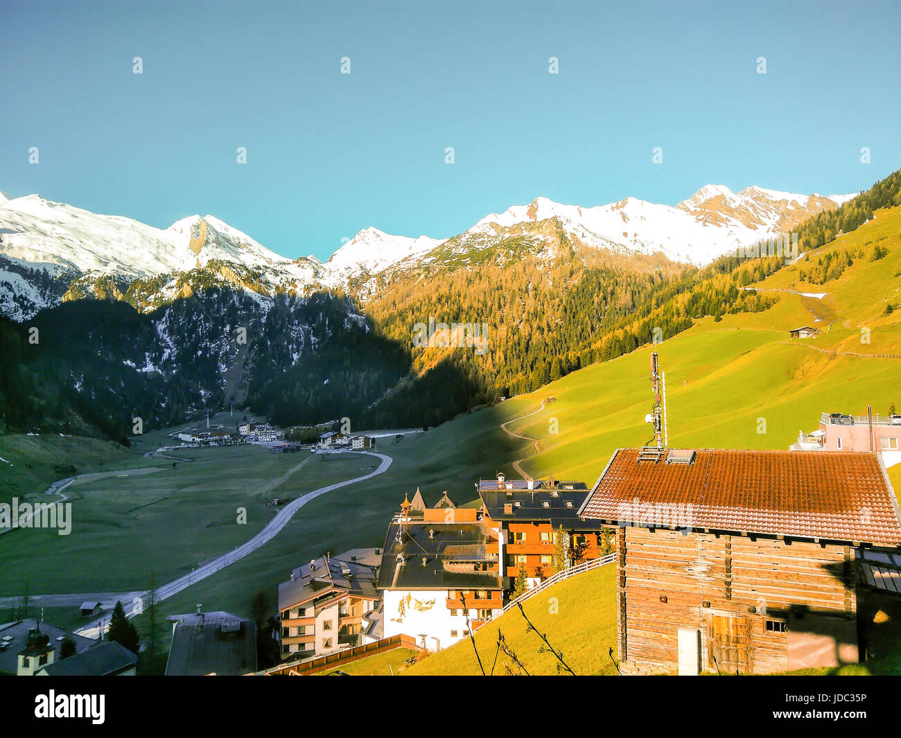 Aerial View From The Top Of Alps Mountains In Hintertux, Austria, Winter Panorama Stock Photo