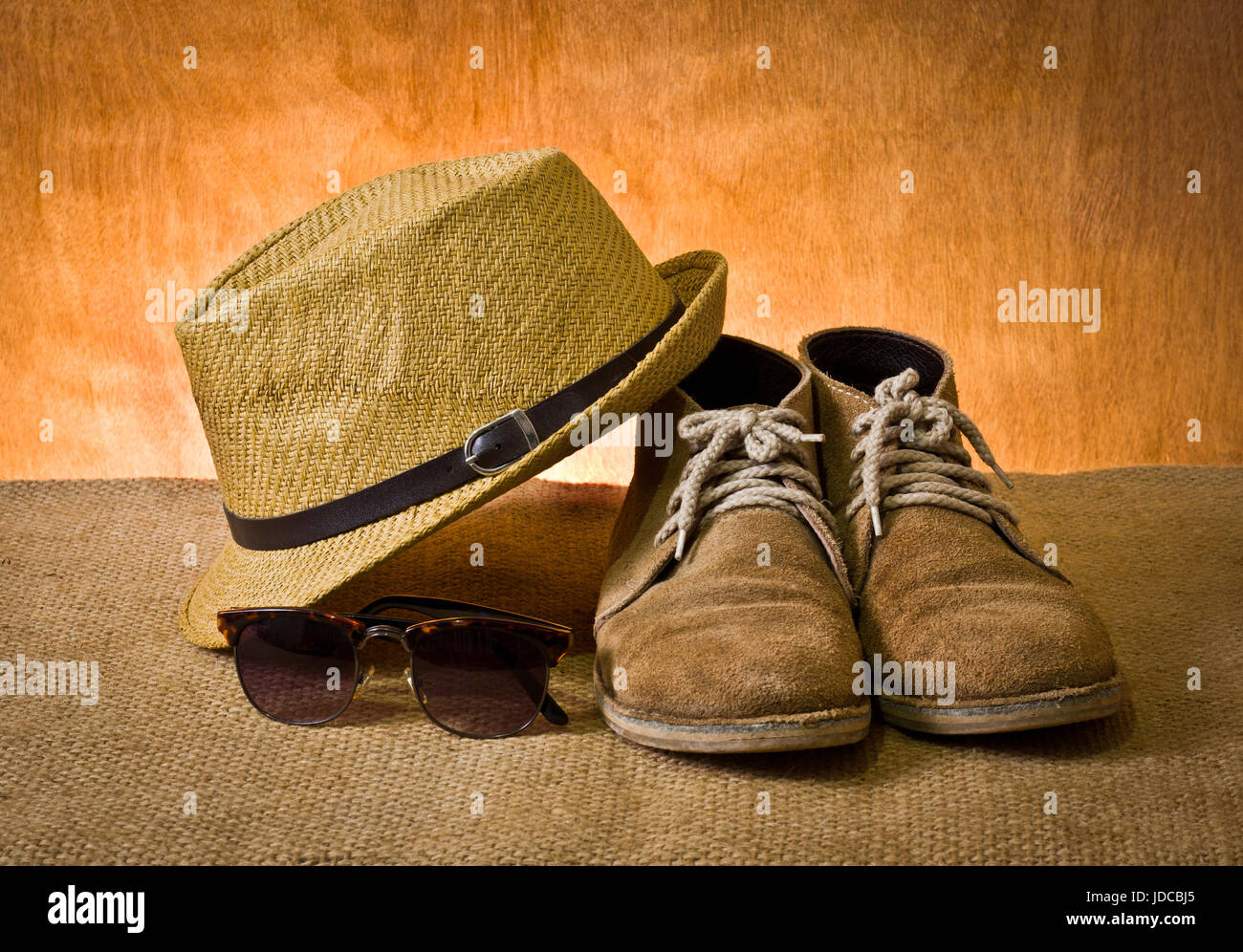 set of men's accessory, boots, panama hat and sunglasses Stock Photo