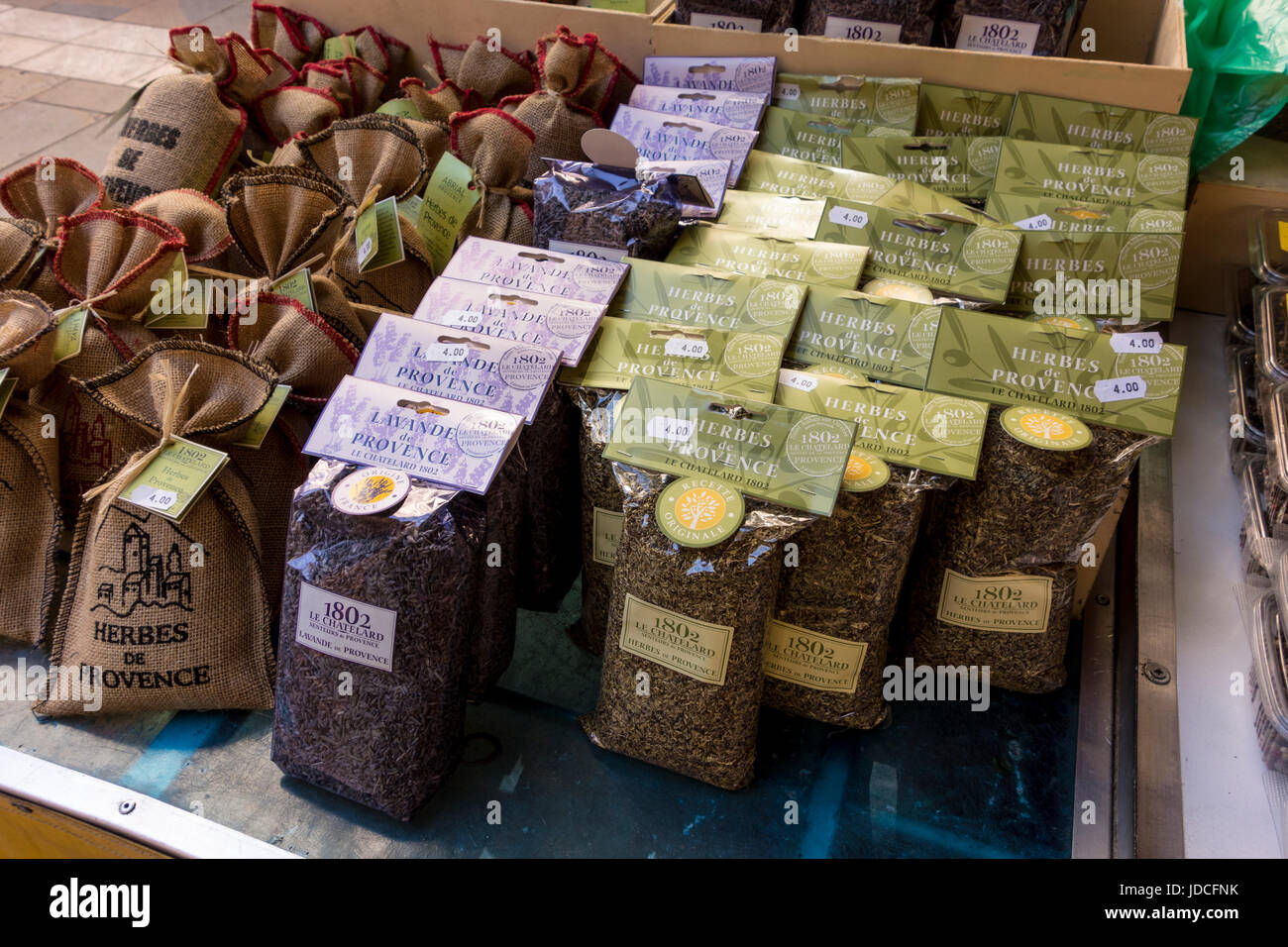 Toulon Market stall selling herbes de provence and dried lavender in