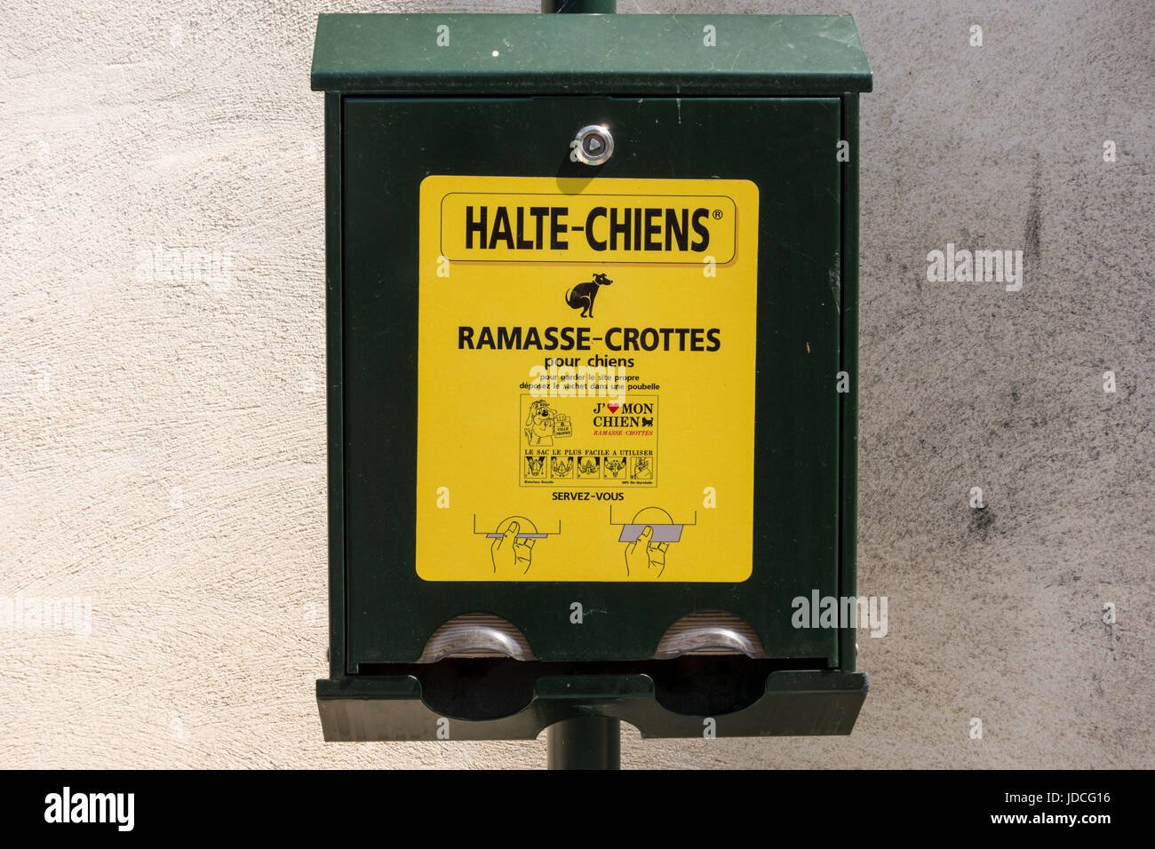 A dispenser of dog fouling bags, Lambesc, Bouches dy Rhone, PACA, France Stock Photo