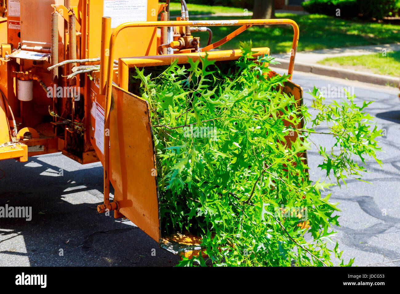 Wood chipper machine releasing the shredded woods into a truck Stock Photo