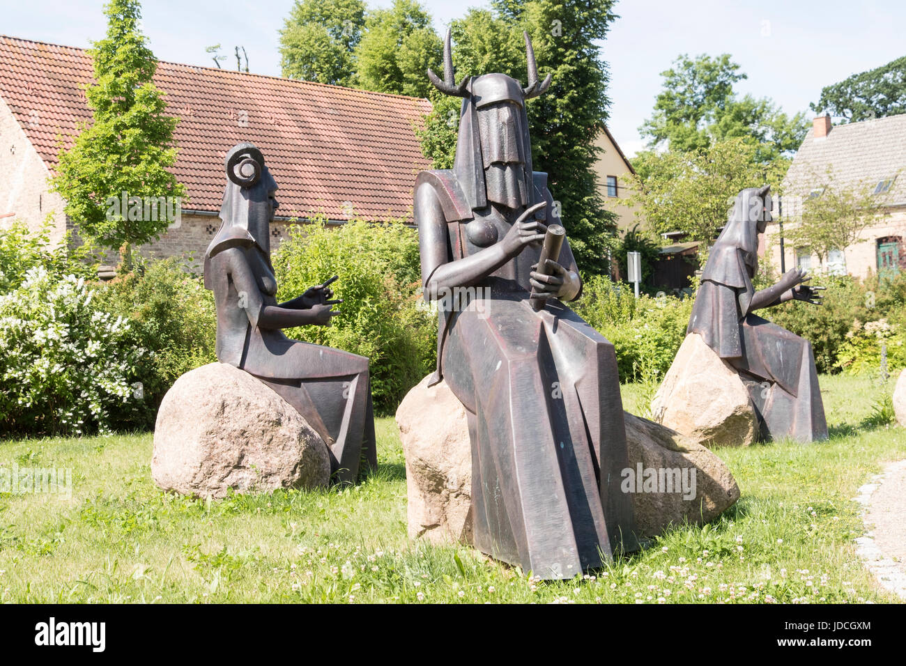 Nornan statues. German Gods of Fate, by Eckhard Hermann, Althüttendorf, Barnim, Brandenburg, Germany Stock Photo
