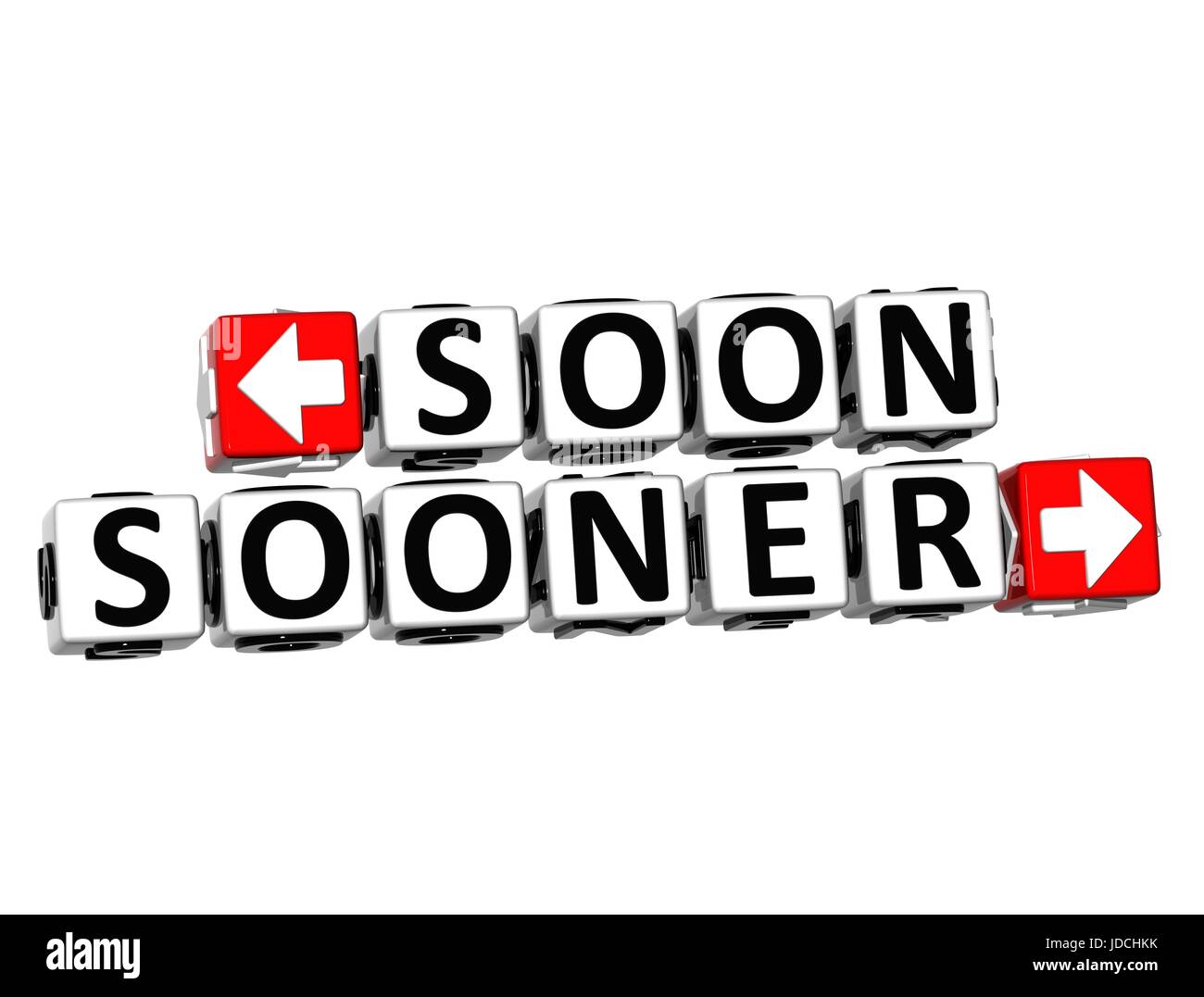 3D Soon Sooner Button Click Here Block Text over white background Stock Photo