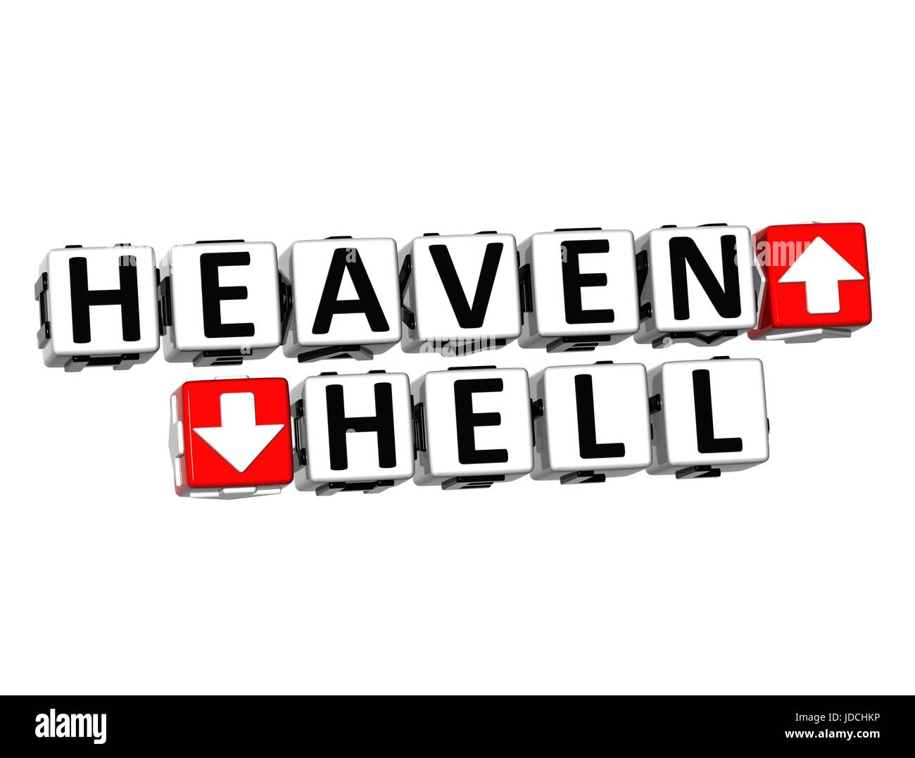 3D Heaven Hell Button Click Here Block Text over white background Stock ...