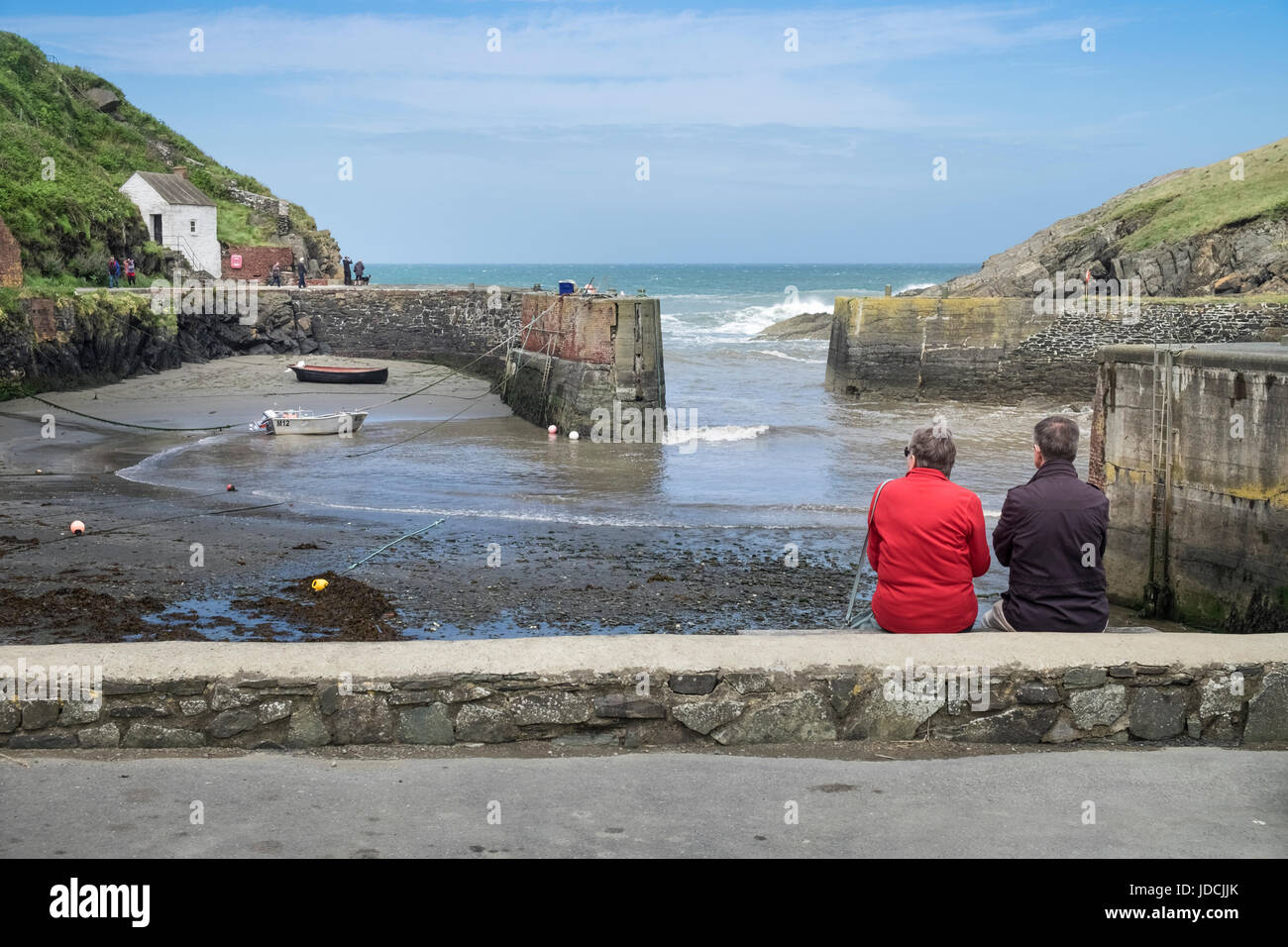 Man and woman enjoying the view at Porthgain harbour, Pembrokeshire Coast National Park, Wales, UK Stock Photo