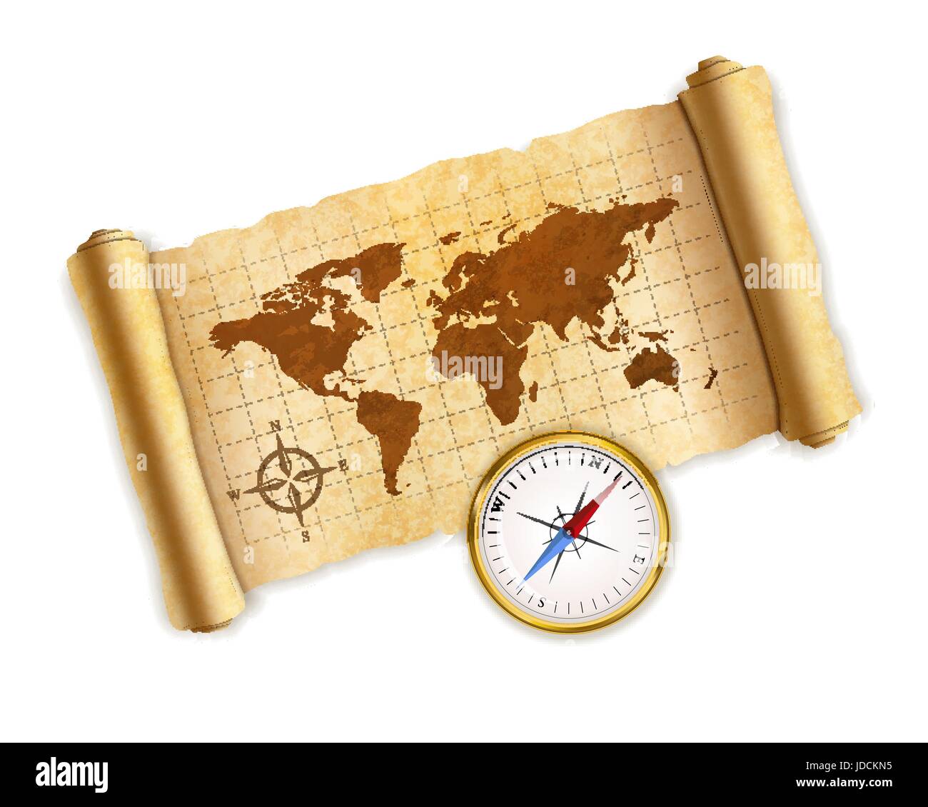Ancient world map on old textured scroll with glossy compass on white Stock Vector