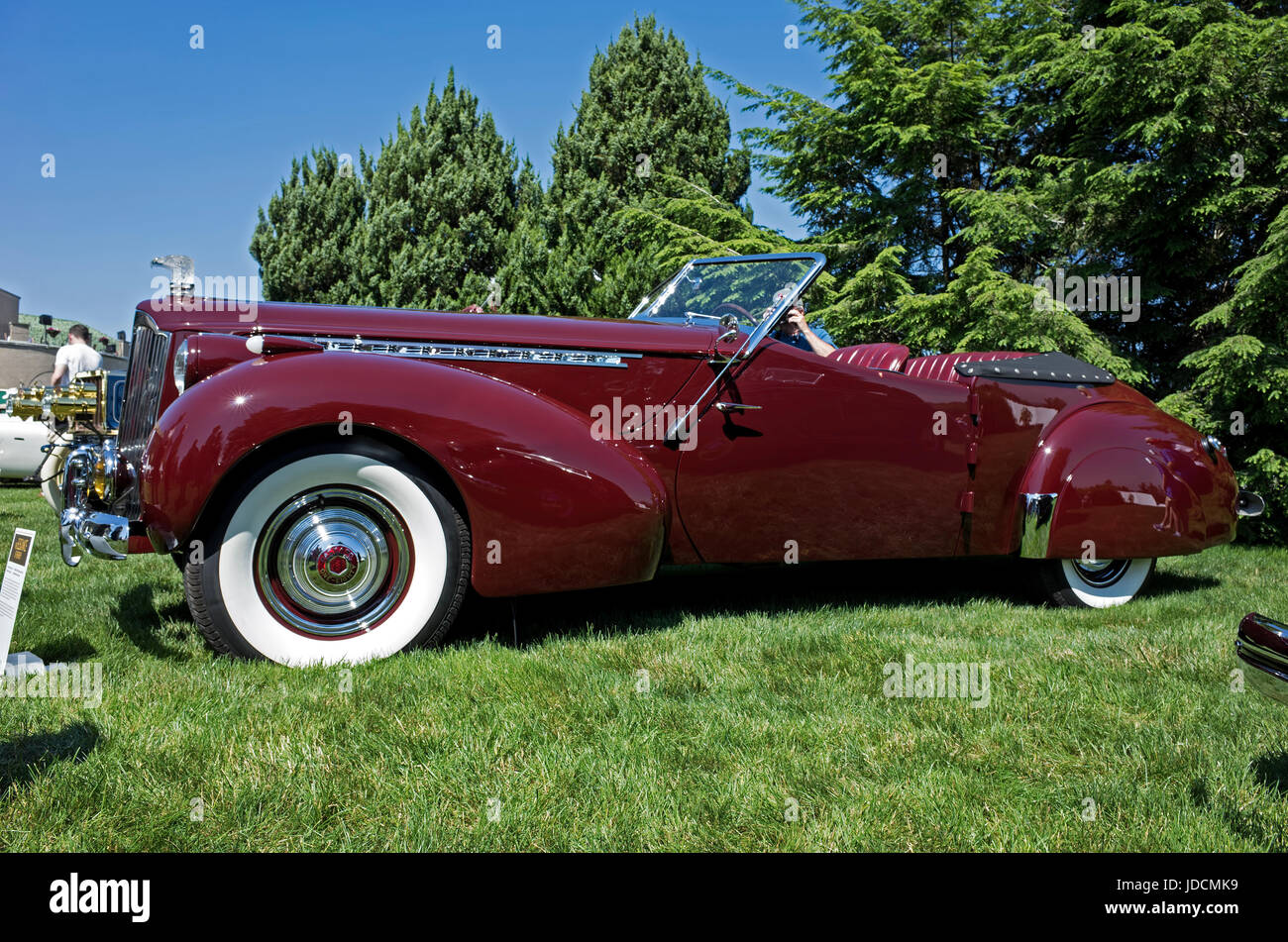 Hershey, PA-June 11, 2017: 1940 Packard 1806 Custom Super Eight Convertible Victoria Darrin stands on display at the Elegance at Hershey. Stock Photo