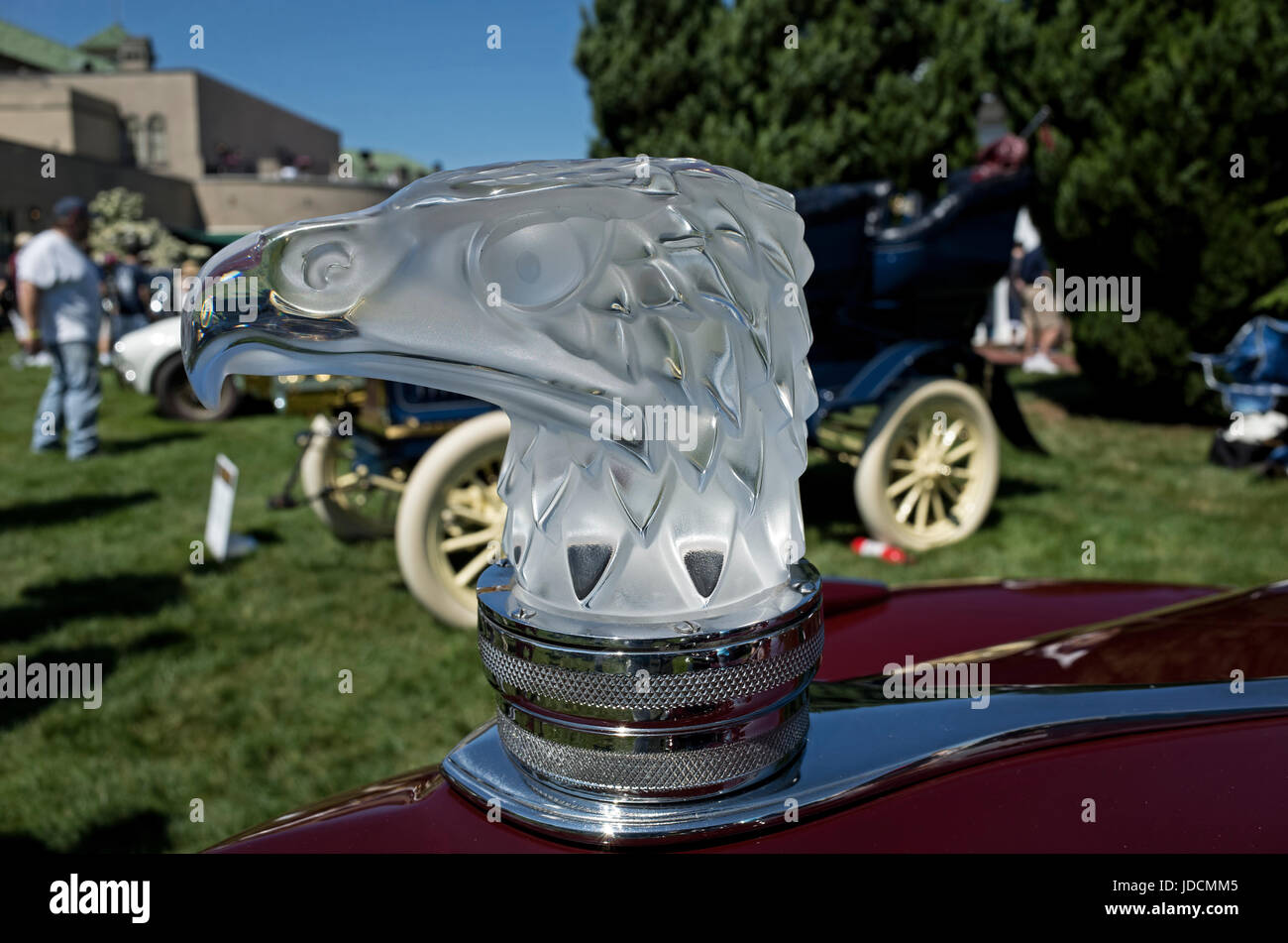 Hershey, PA-June 11, 2017: Hood ornament of 1940 Packard 1806 Custom Super Eight Convertible Victoria Darrin. Stock Photo