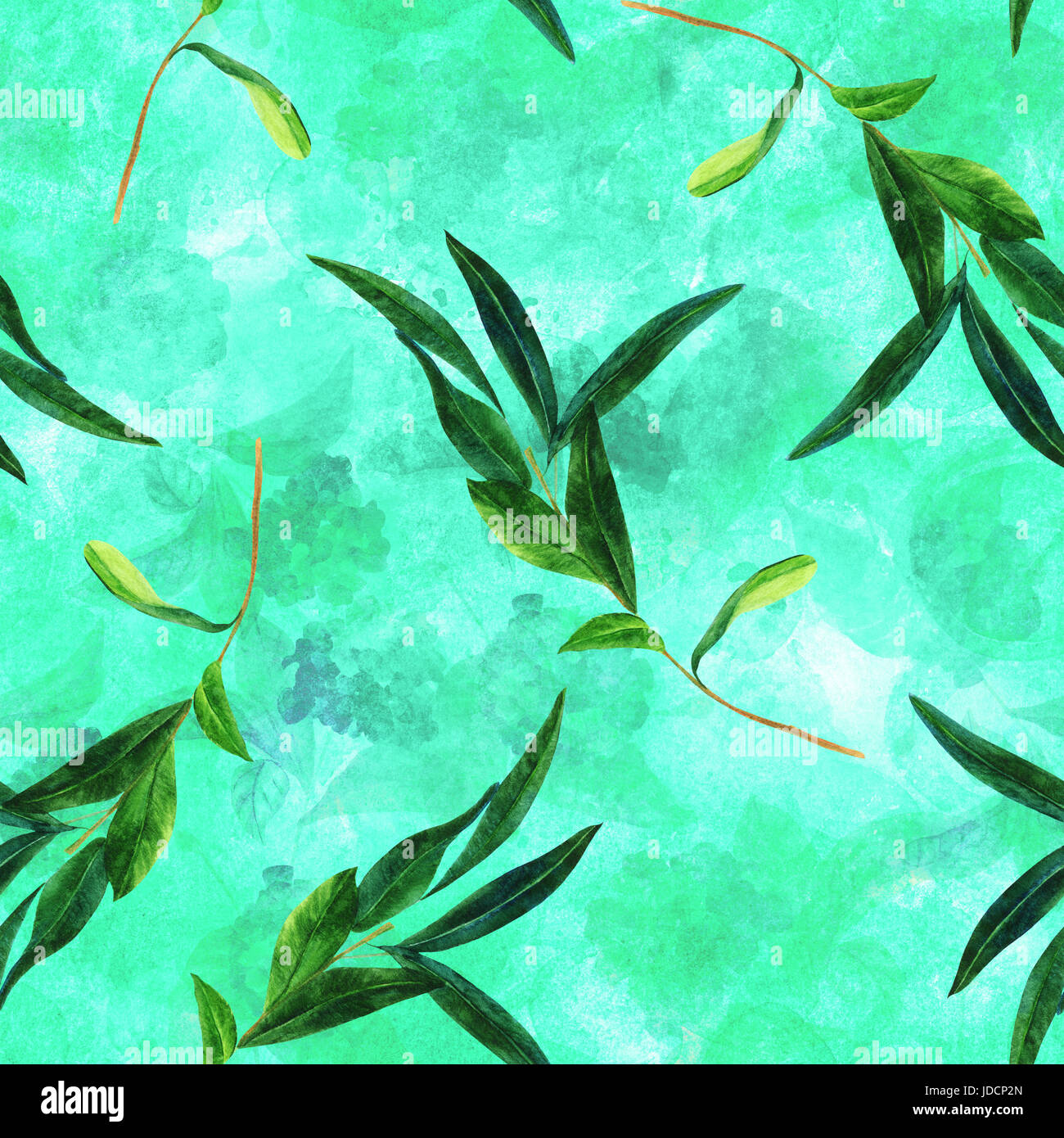 A seamless pattern with a watercolor drawing of a green olive branch on ...