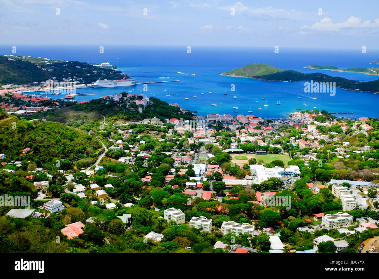 Elevated aerial view over Charlotte Amalie, St. Thomas, US. Virgin